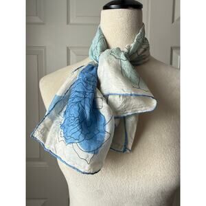 Vintage Blue Floral 100% Silk Scarf Romantic Bridal Something Blue